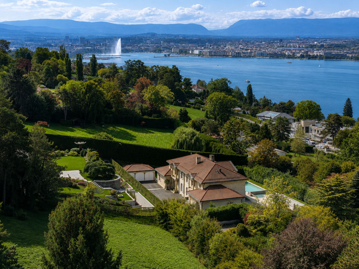 Aerial view of ultra-prime estate in Cologny with Lake Geneva and Jet d'Eau