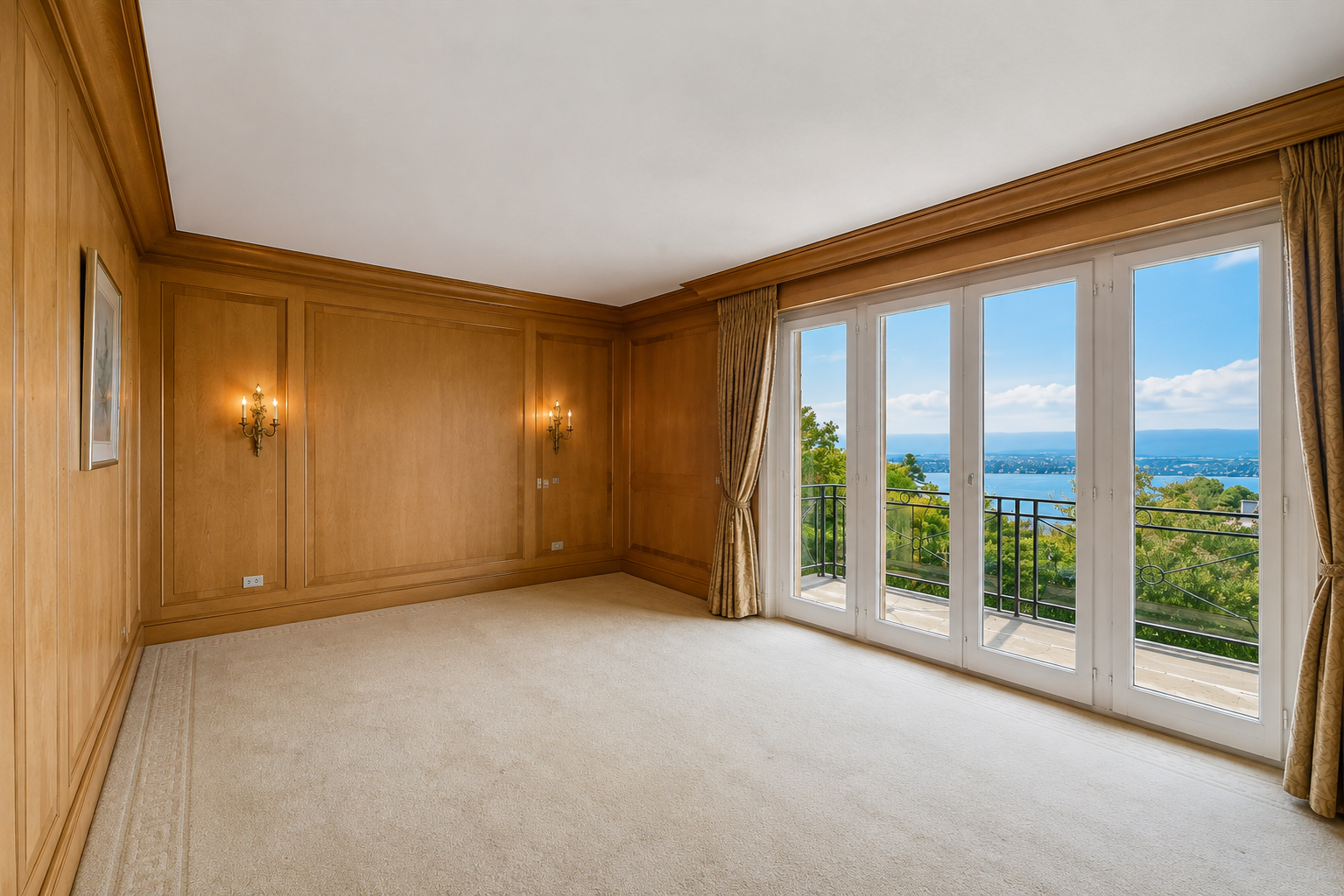 Wood-panelled bedroom with panoramic Lake Geneva views, Cologny villa