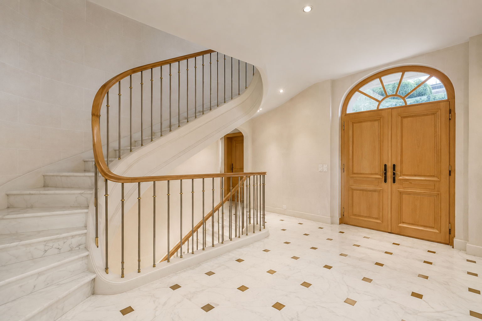 Marble entrance hall with curved staircase and brass railings, Cologny villa