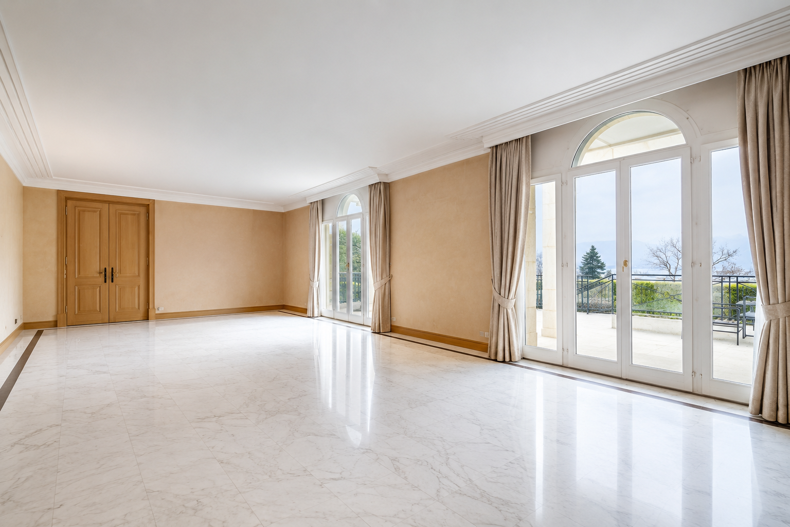 Grand salon with marble floors and lake views, ultra-prime villa Cologny