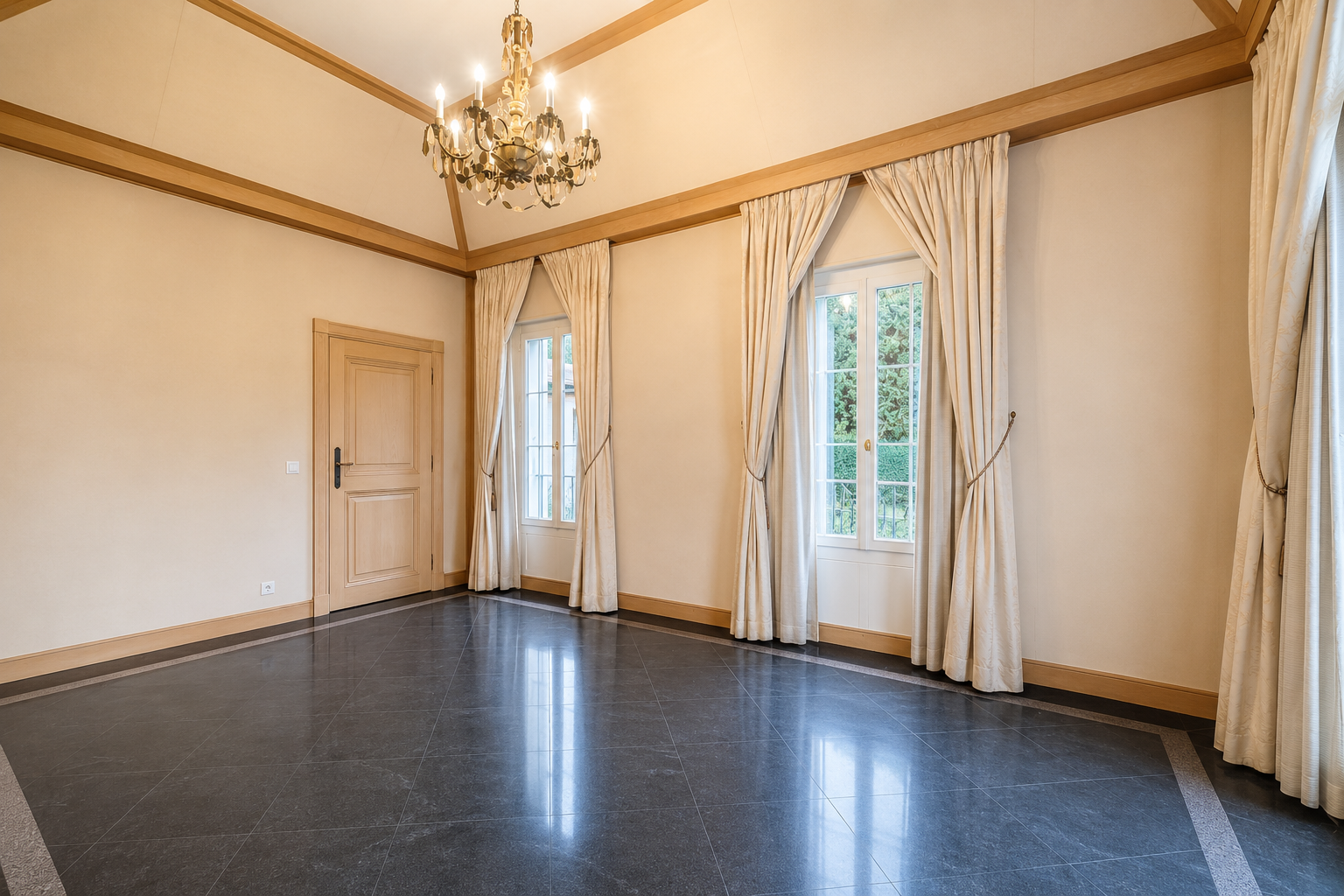 Elegant reception room with chandelier and French doors, Cologny estate