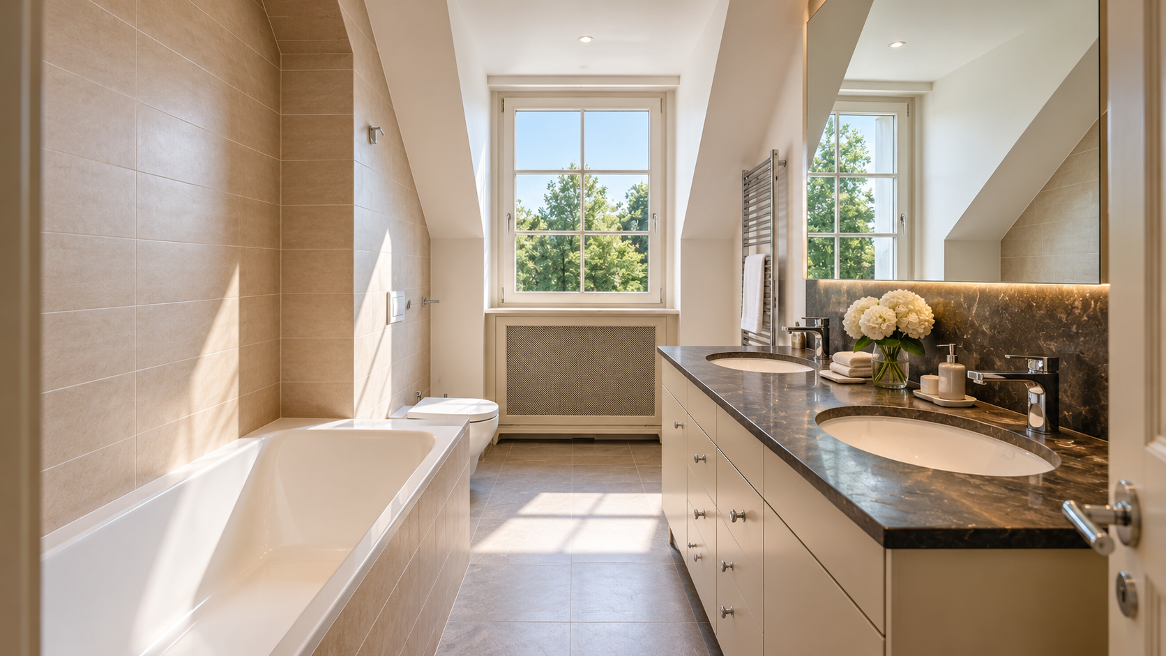 Marble bathroom with double vanity and bathtub, luxury villa Saint-Prex