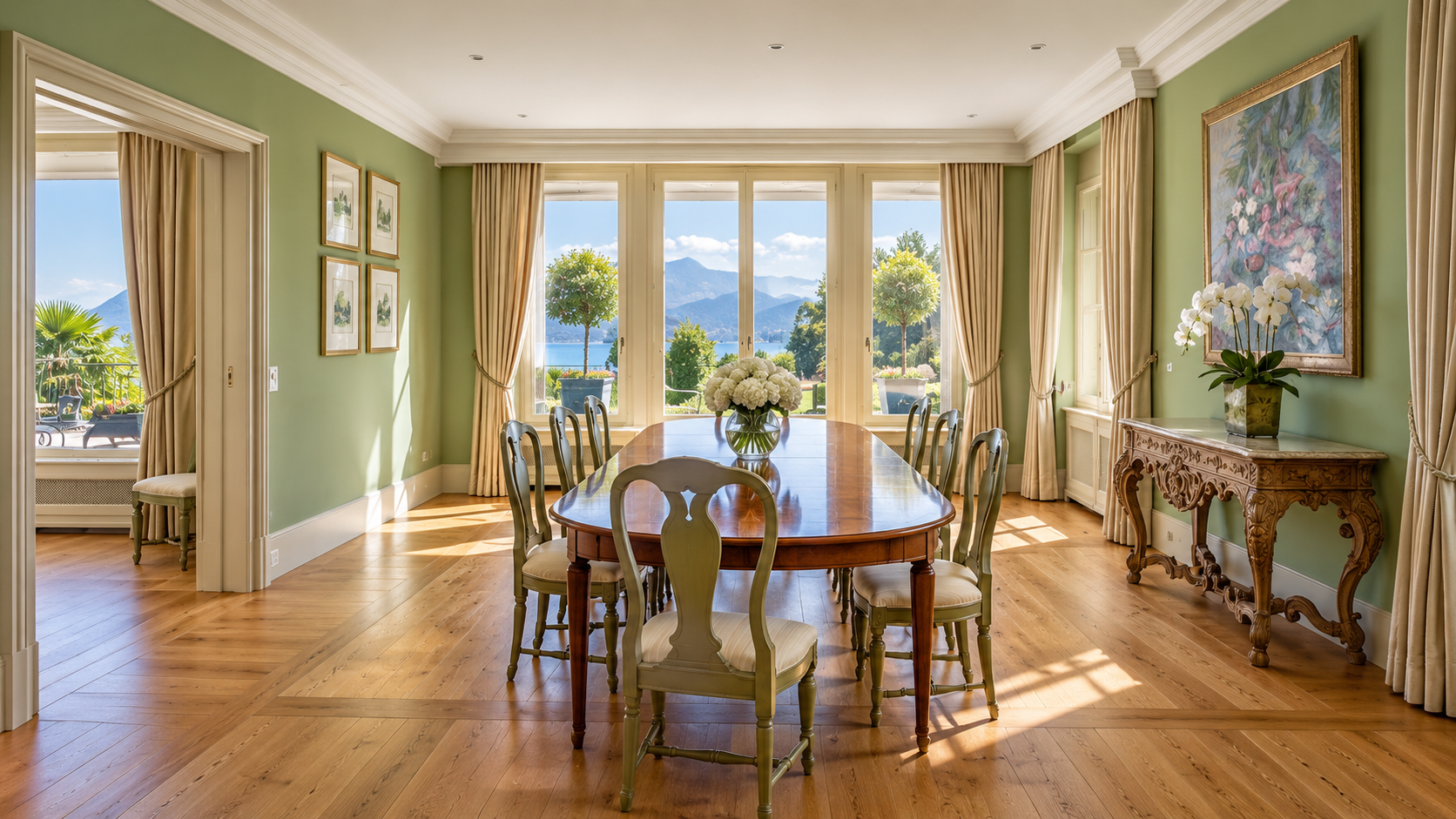Formal dining room with green walls and lake views, Saint-Prex villa
