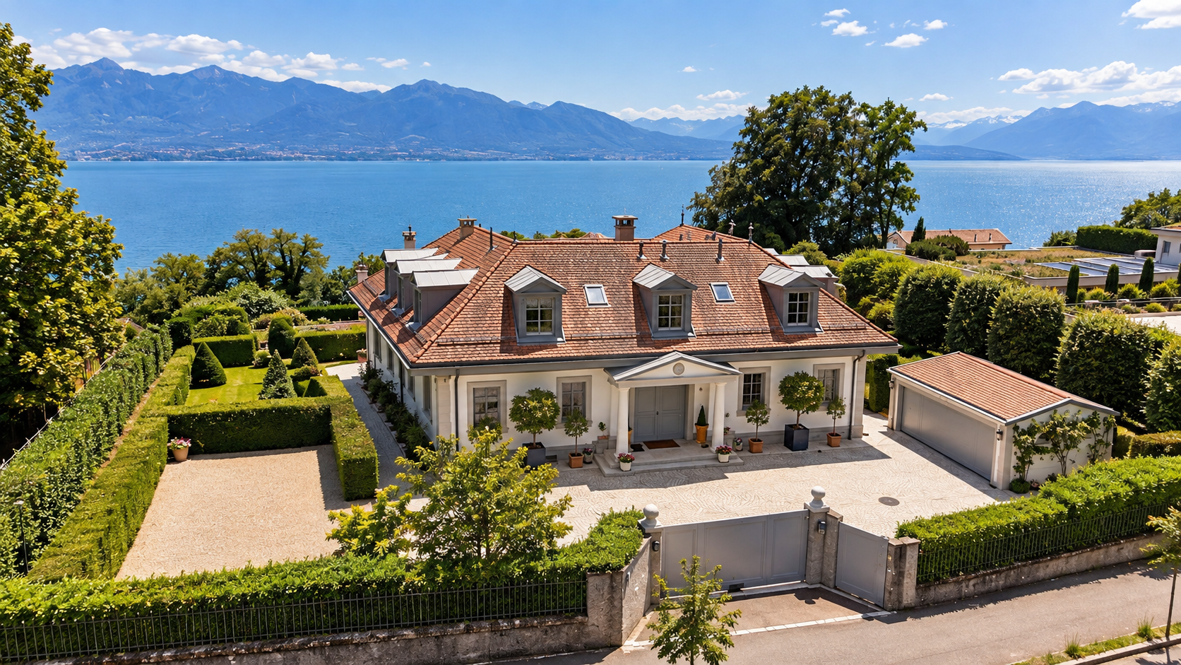Ultra-prime villa aerial view with Lake Geneva and Alps, Saint-Prex, Vaud