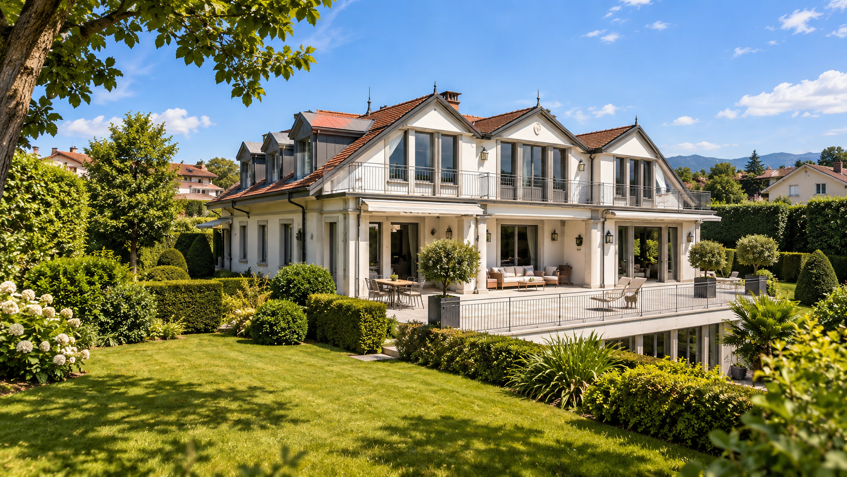Luxury villa garden terrace and classical facade, Saint-Prex