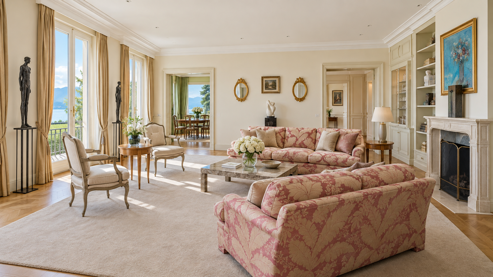 Grand salon with classical furnishings and panoramic Lake Geneva views, Saint-Prex