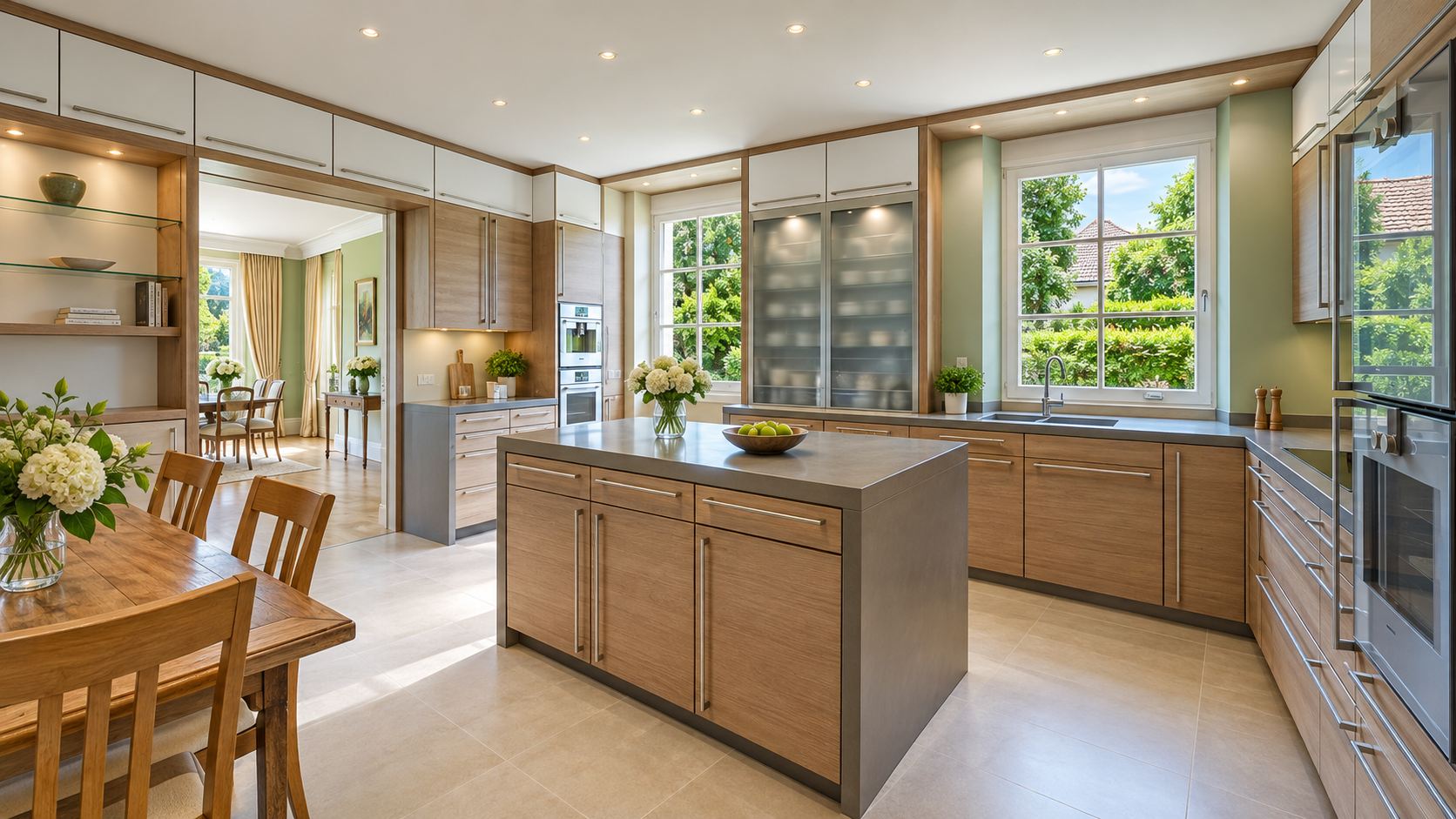 Contemporary kitchen with island and dining area, luxury villa Saint-Prex