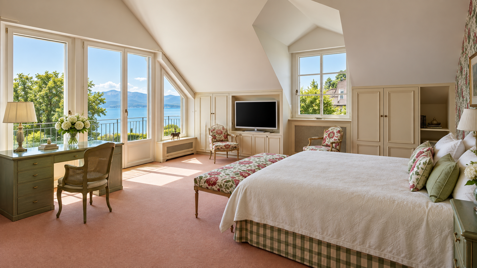 Master bedroom with lake views and classical furnishings, Saint-Prex villa