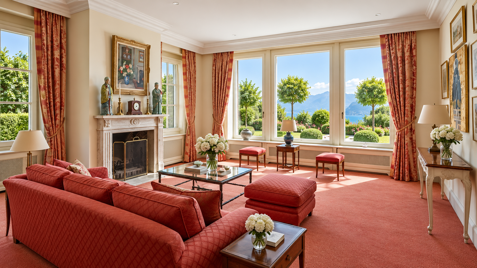 Elegant salon with fireplace and panoramic Lake Geneva views, Saint-Prex