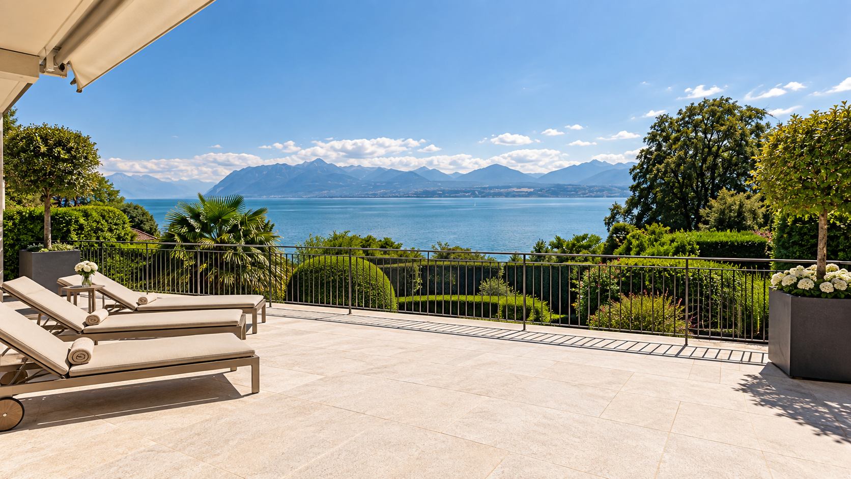 Private terrace with sun loungers overlooking Lake Geneva and the Alps, Saint-Prex