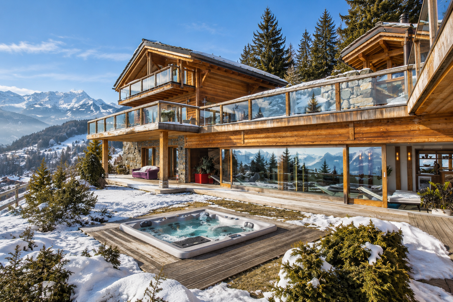 Extérieur d'un domaine chalet ski-in/ski-out de luxe, Gryon, Alpes vaudoises