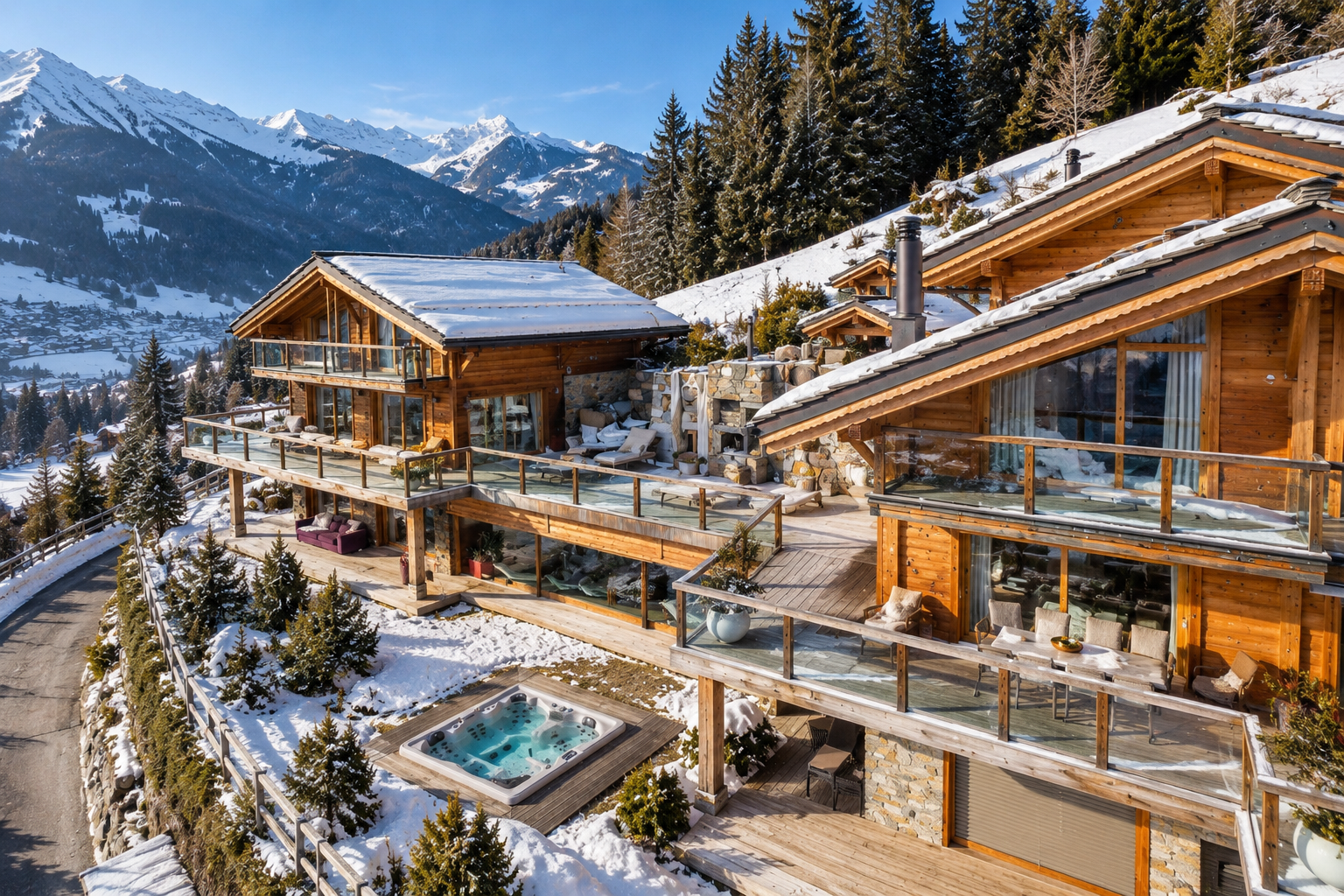 Façade d'un chalet alpin avec vue panoramique sur les montagnes, Gryon
