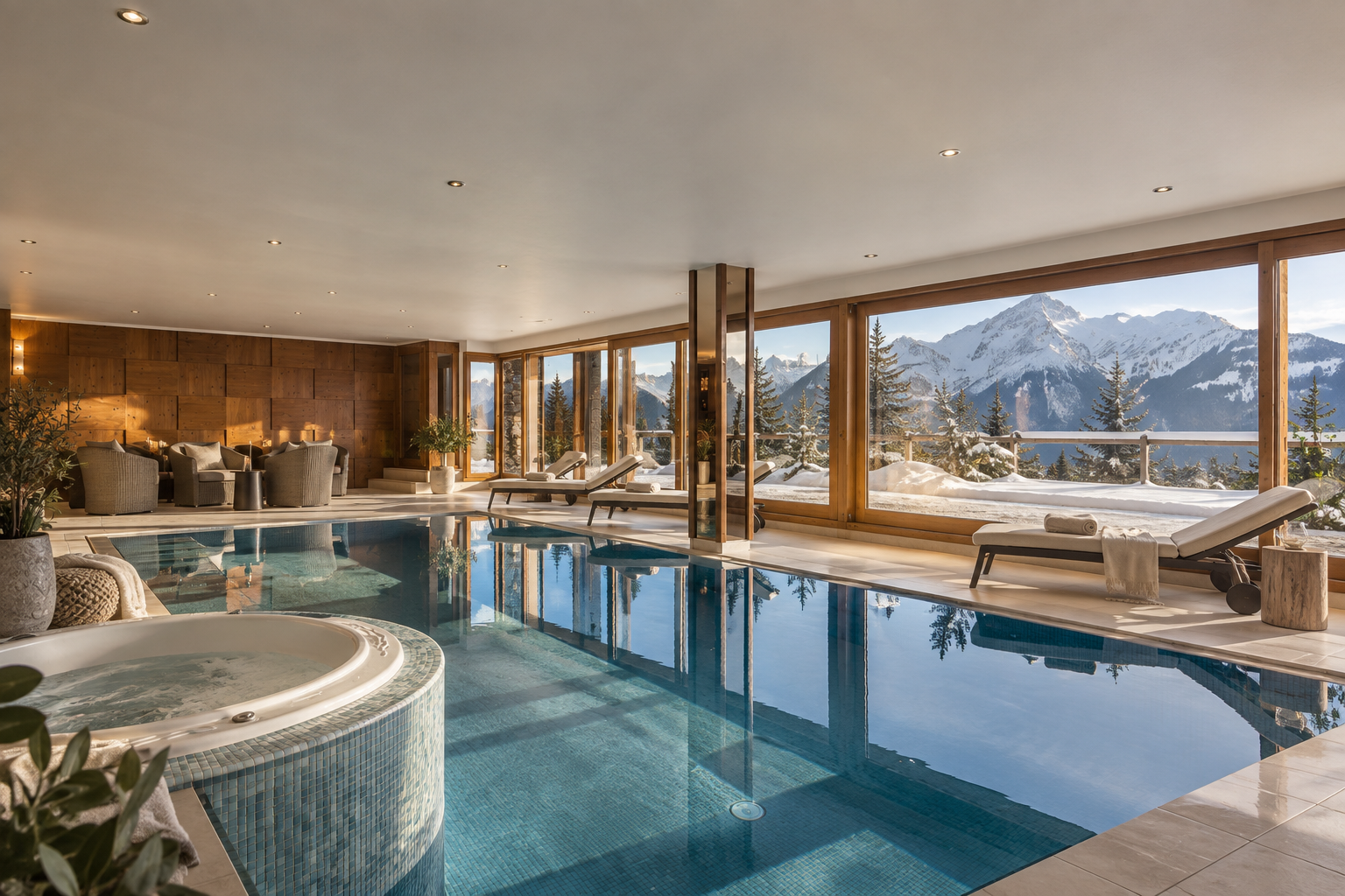 Espace séjour avec vue sur les montagnes, chalet de luxe à Gryon
