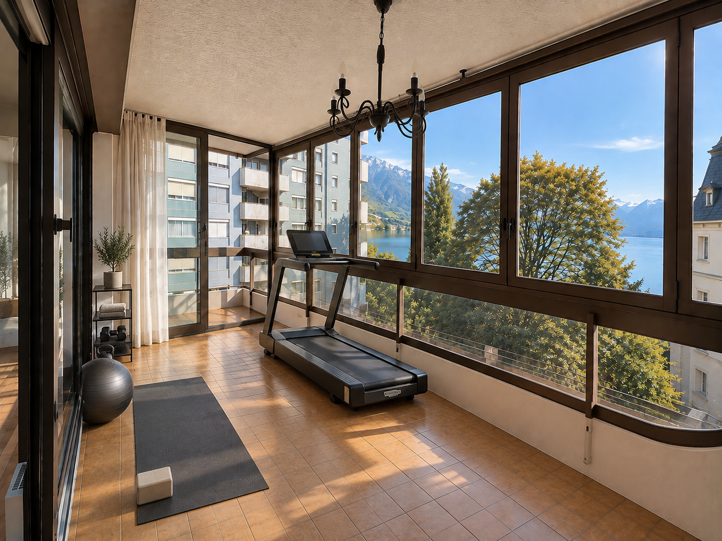 South-facing balcony with panoramic lake and mountain views — Montreux apartment