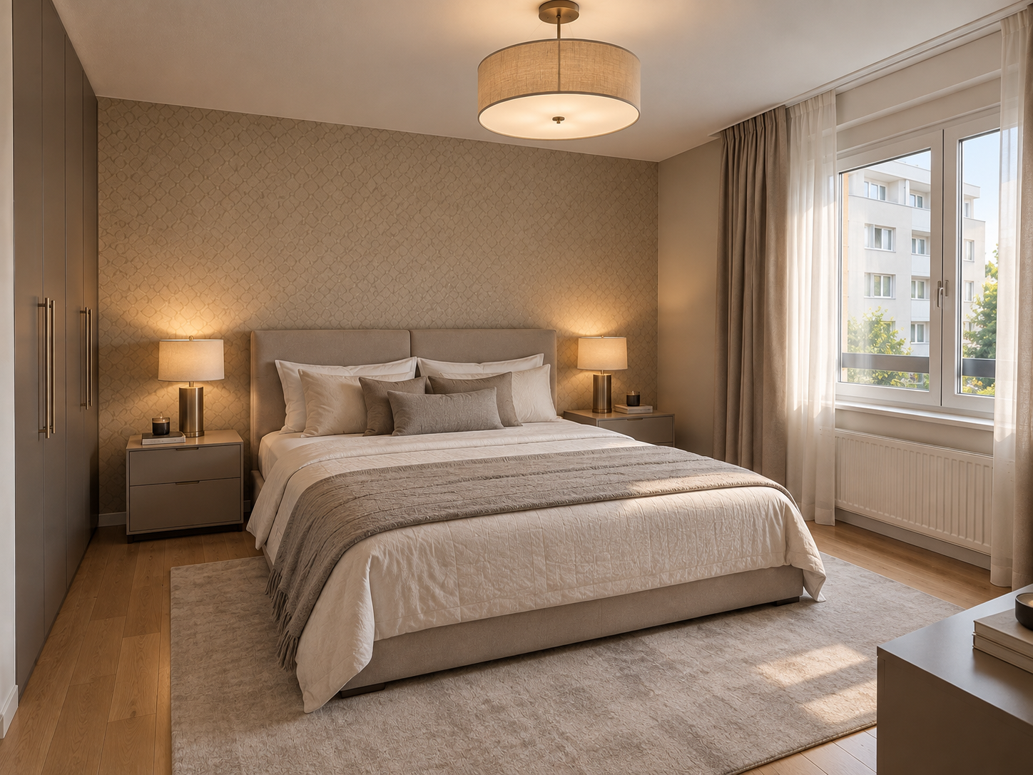 Master bedroom with warm neutral tones and natural light — Montreux apartment