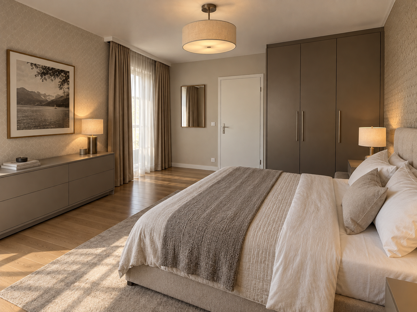 Second bedroom angle with lake artwork and built-in wardrobe — Montreux apartment