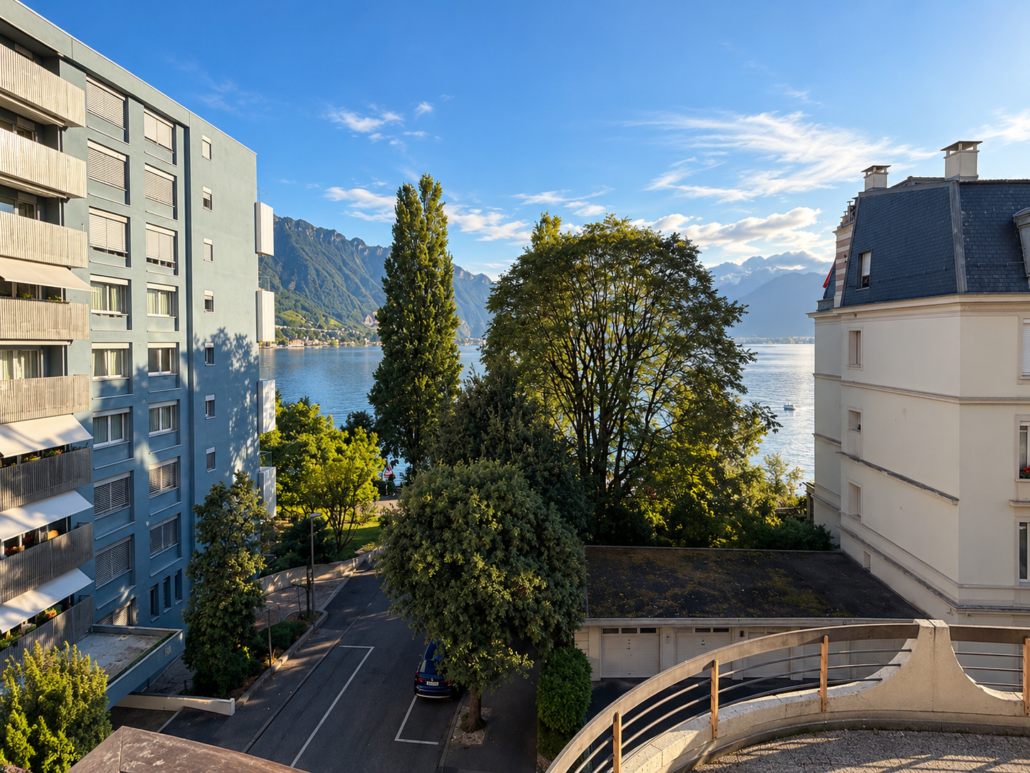 Bright living and dining area with lake and mountain views through balcony door — Montreux apartment