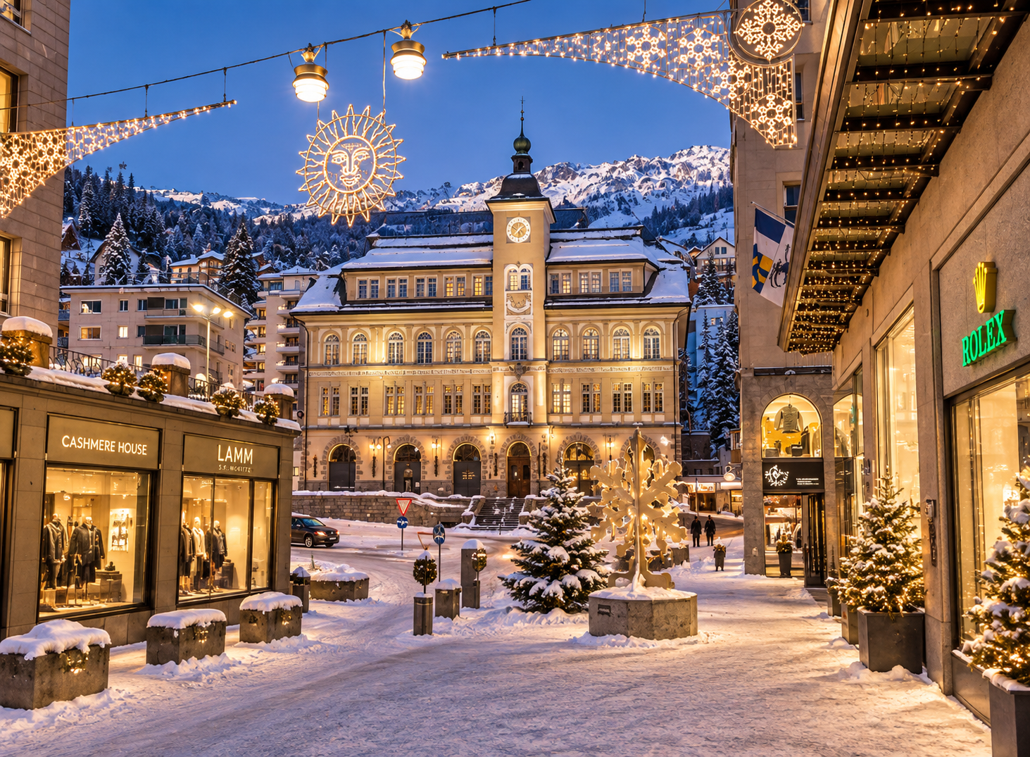 Centre-ville de Saint-Moritz au crépuscule hivernal — rue festive avec boutiques de luxe et Alpes enneigées