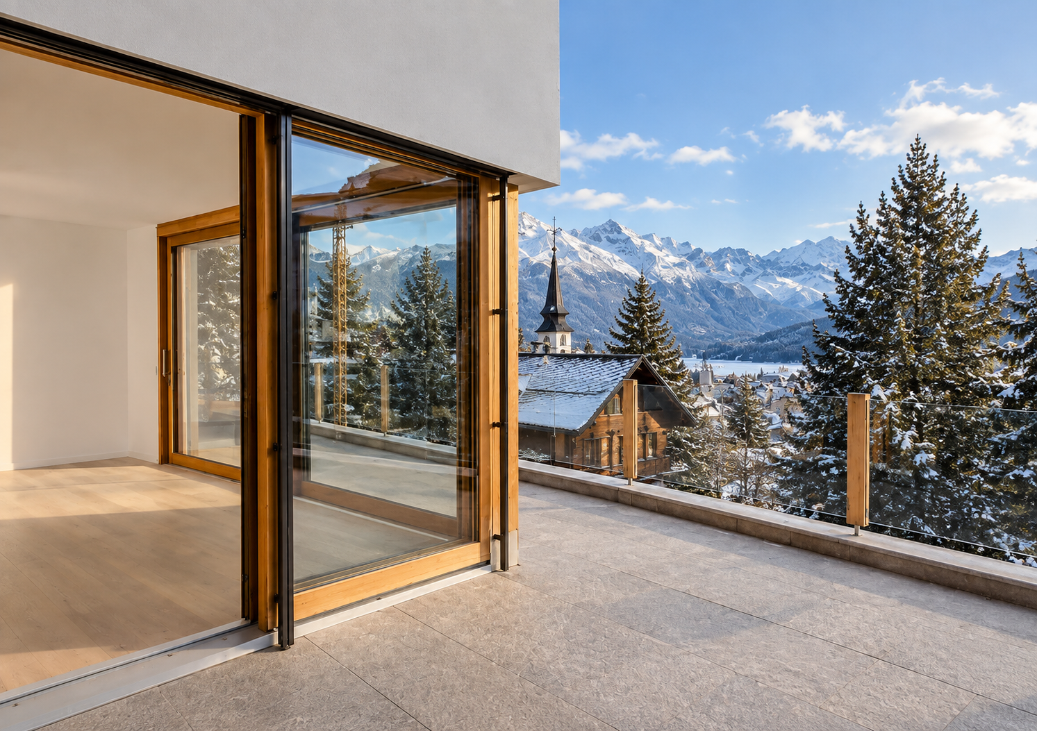Expansive living area with panoramic Alpine views — St. Moritz Dorf private residence