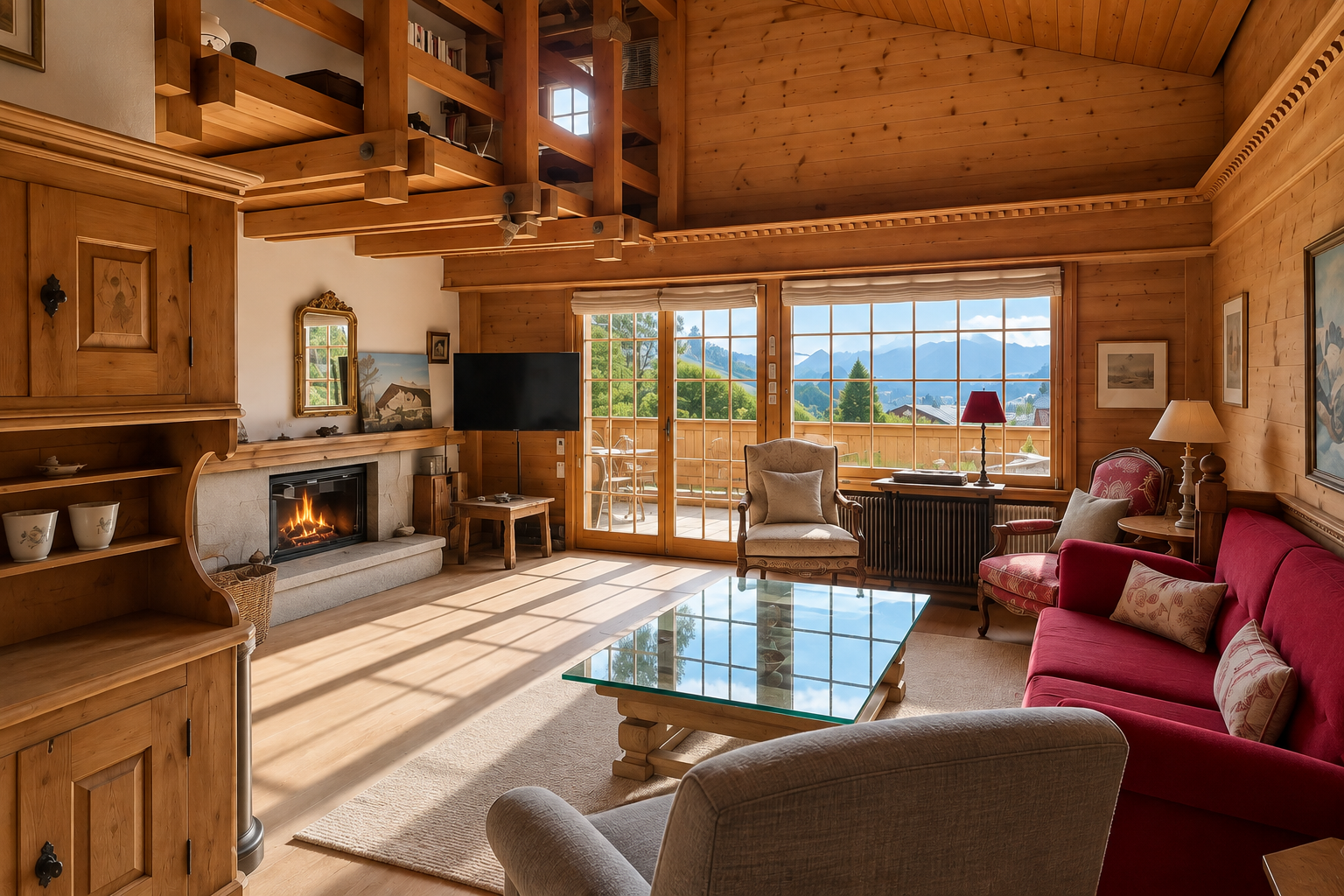 Living room with fireplace — traditional Alpine chalet interior near Gstaad