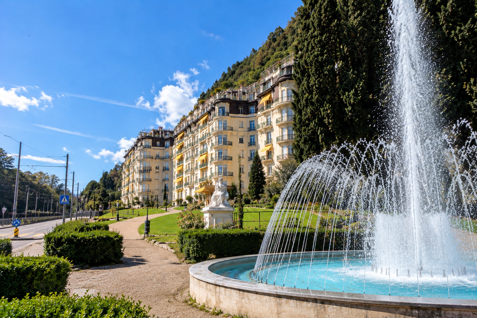 Riant-Château Montreux — façade historique Belle Époque avec fontaine et parc soigné