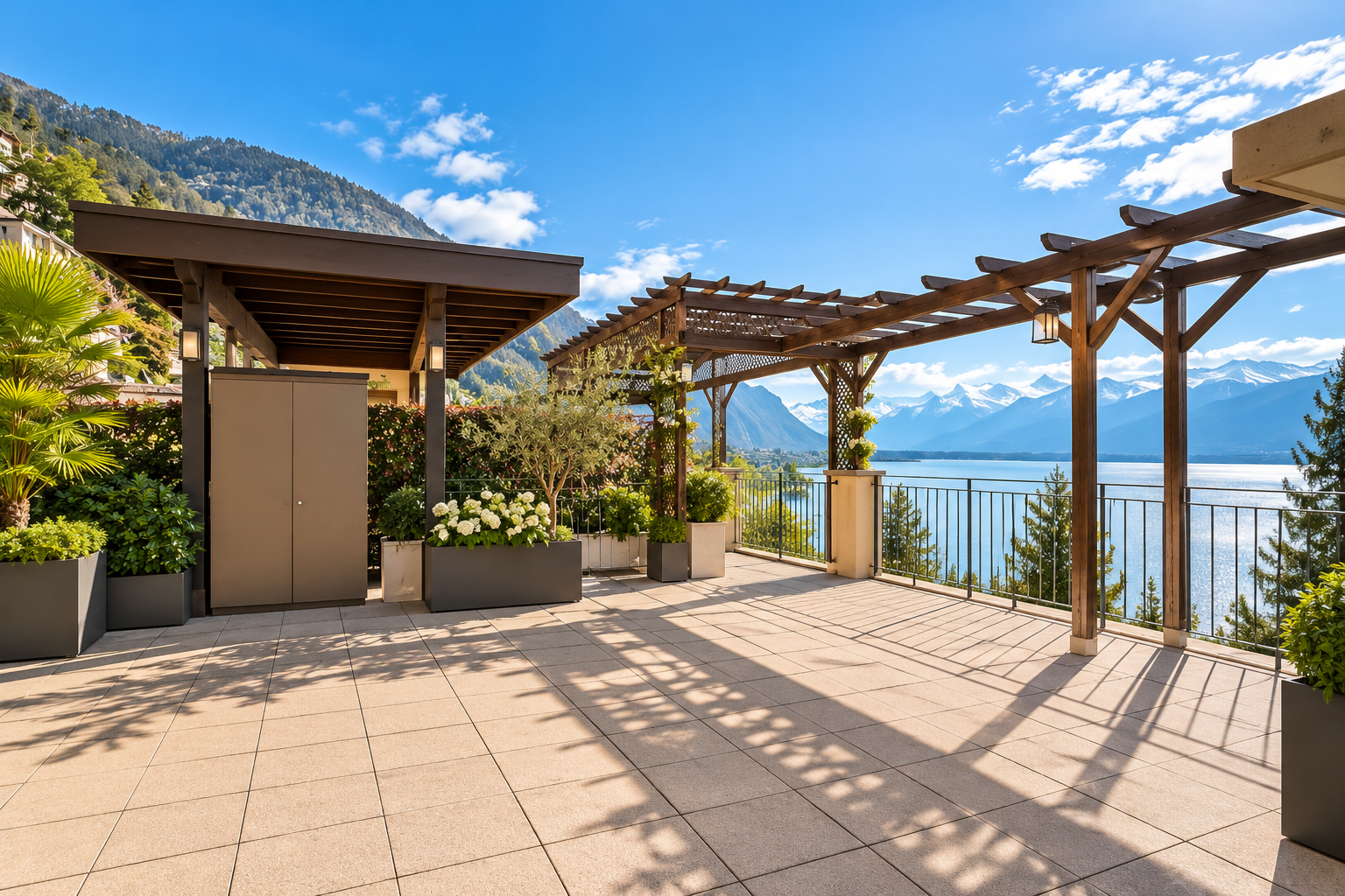 Riant-Château Montreux — terrasse commune sur le toit avec pergola et vue sur le lac Léman et les Alpes