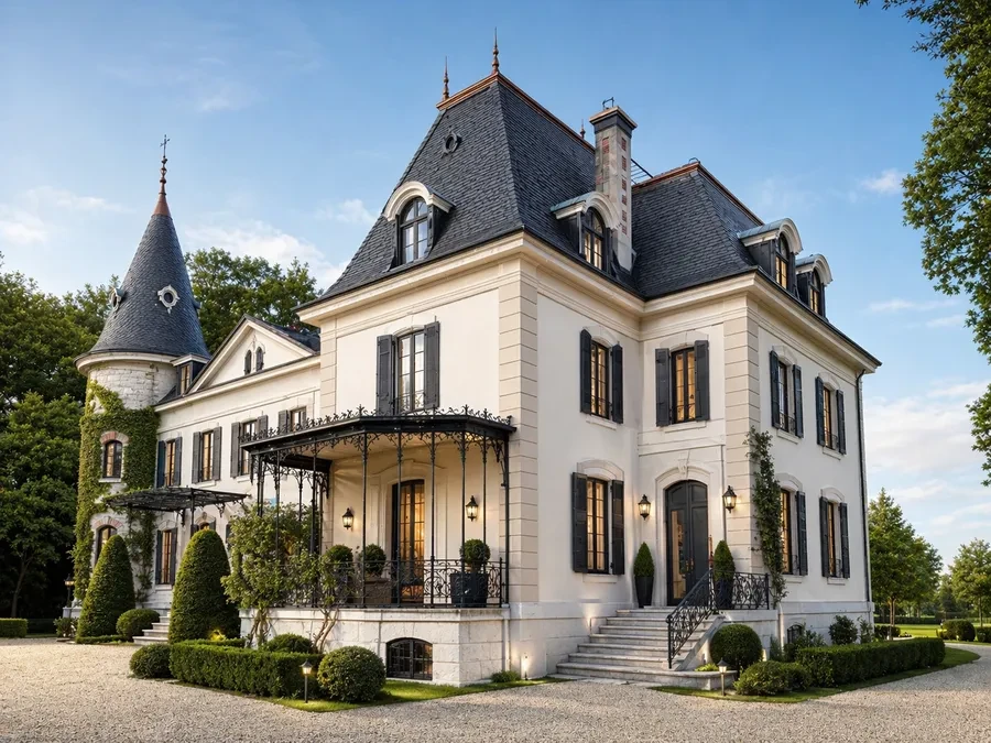 Historic Geneva estate Choulex — classical manor façade illuminated at dusk with manicured grounds
