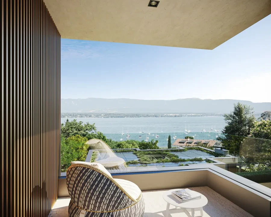 Cologny Geneva new-build villa — private balcony with armchair and panoramic view over Lake Geneva and sailing boats
