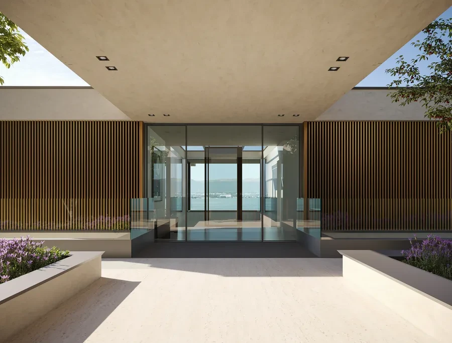 Cologny Geneva new-build villa — entrance portal with vertical wood slats and panoramic lake view through glazing