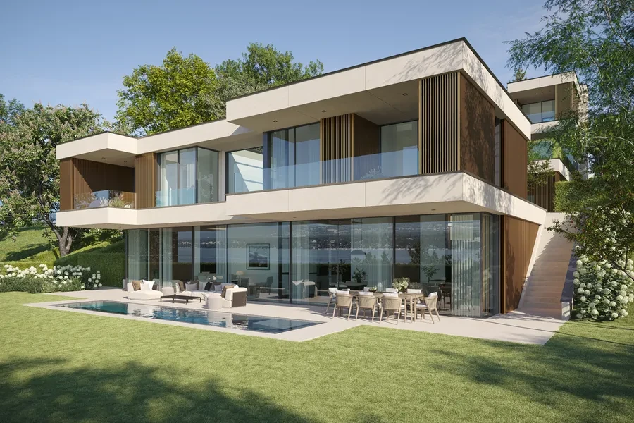 Cologny Geneva new-build villa — contemporary exterior with outdoor pool, terrace and landscaped garden, day view