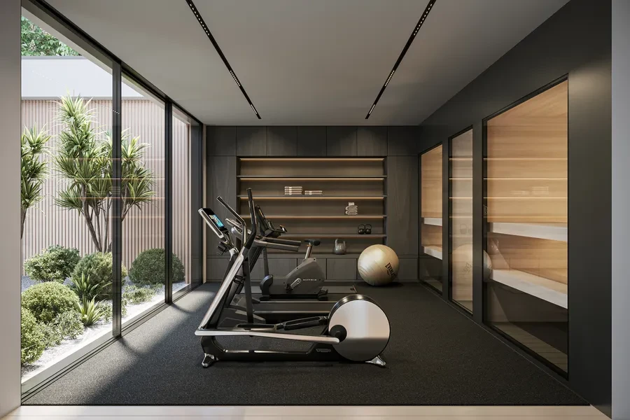Cologny Geneva new-build villa — private fitness room with equipment, garden views and adjacent sauna