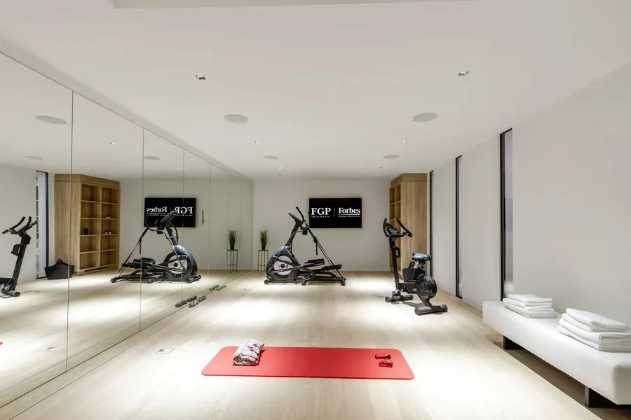 Cologny Geneva contemporary villa — private fitness room with cardio equipment, mirrored walls and wood storage