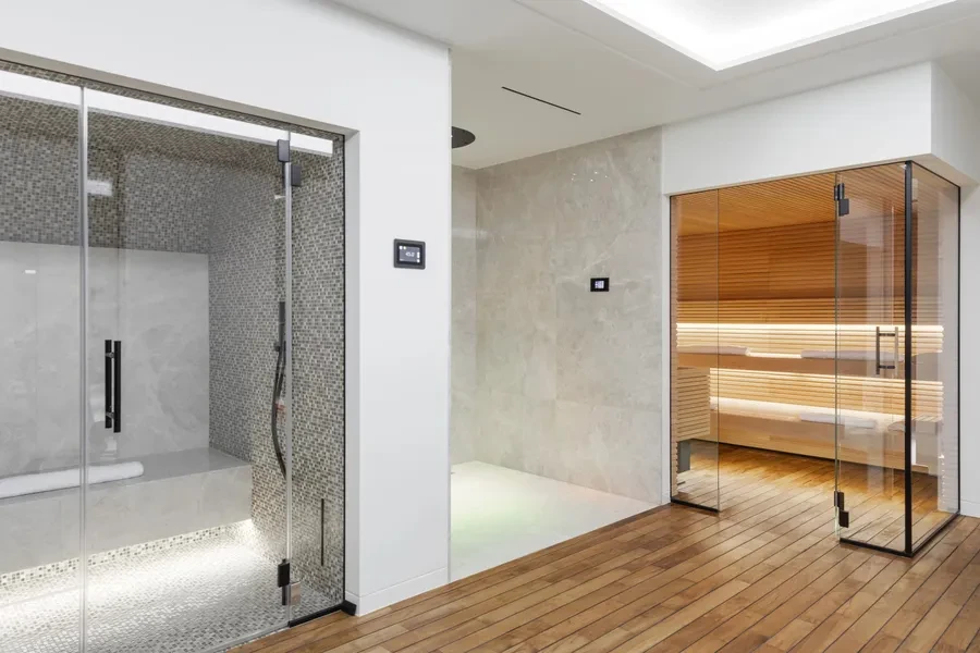 Cologny Geneva contemporary villa — private spa with steam room, sauna and teak wood flooring