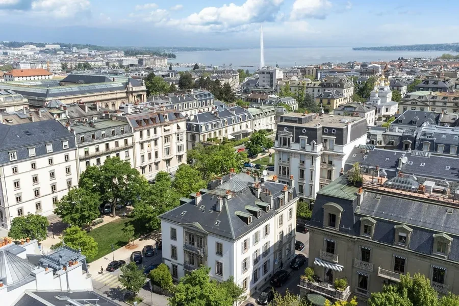 Geneva Russian Church district — aerial view of the prestigious neighbourhood with the Jet d'Eau and Lake Geneva in the background