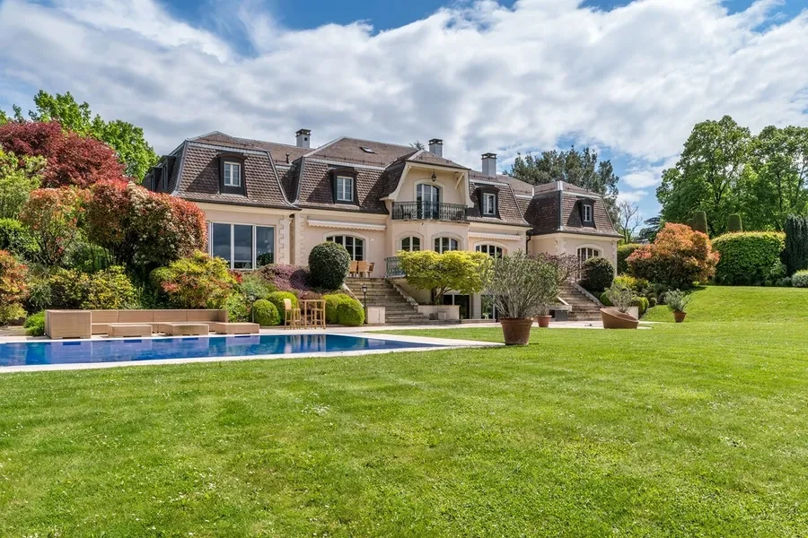 Domaine de Port-Noir Cologny Geneva — main residence with outdoor swimming pool and landscaped gardens