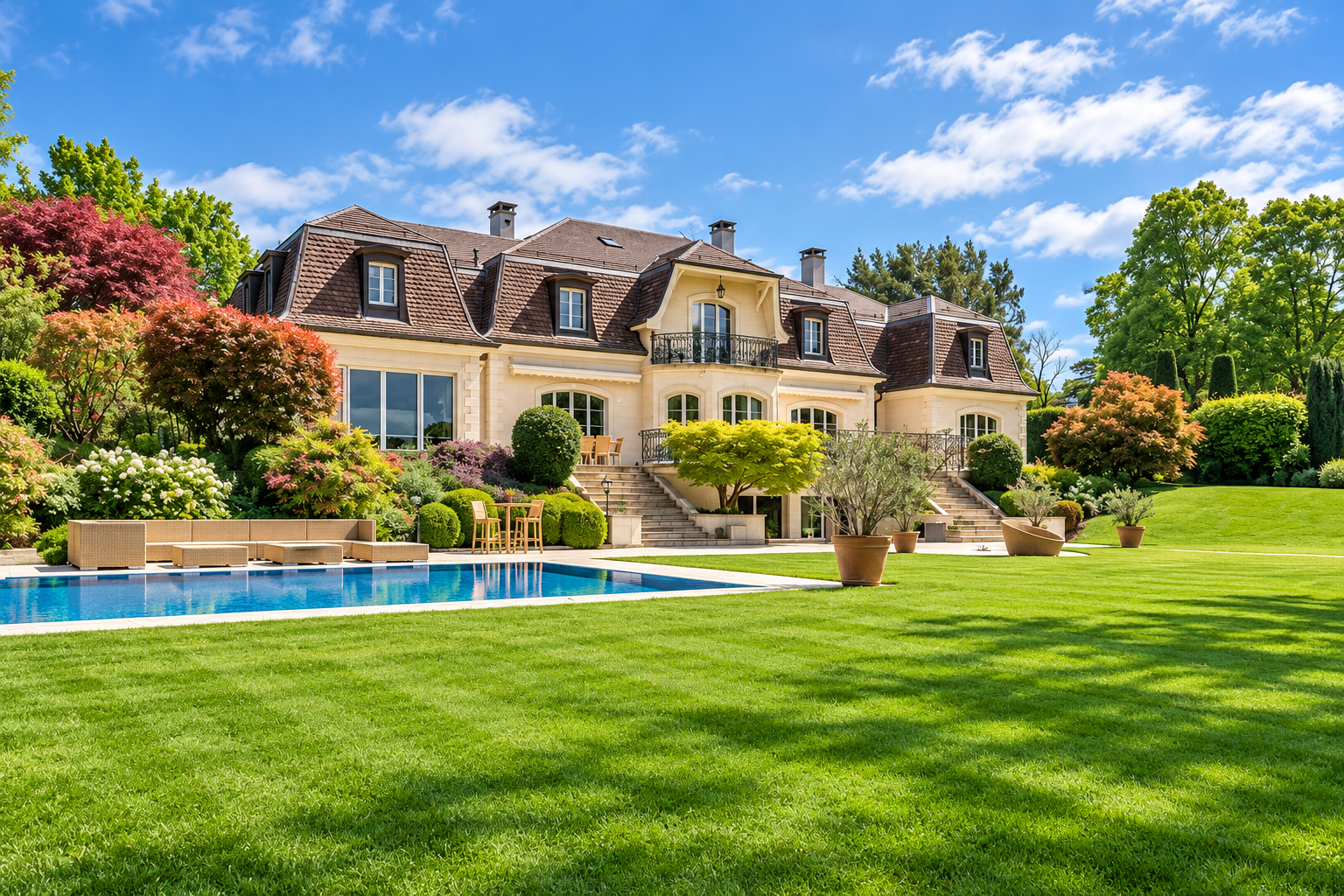 Exceptional private estate in Cologny Geneva — main residence with outdoor swimming pool and manicured landscaped grounds