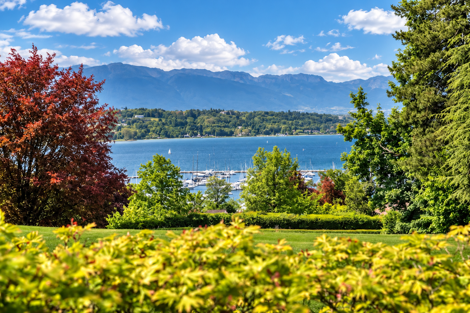 Exceptional private estate in Cologny Geneva — open views over Lake Geneva with sailboats and the surrounding Alpine mountains