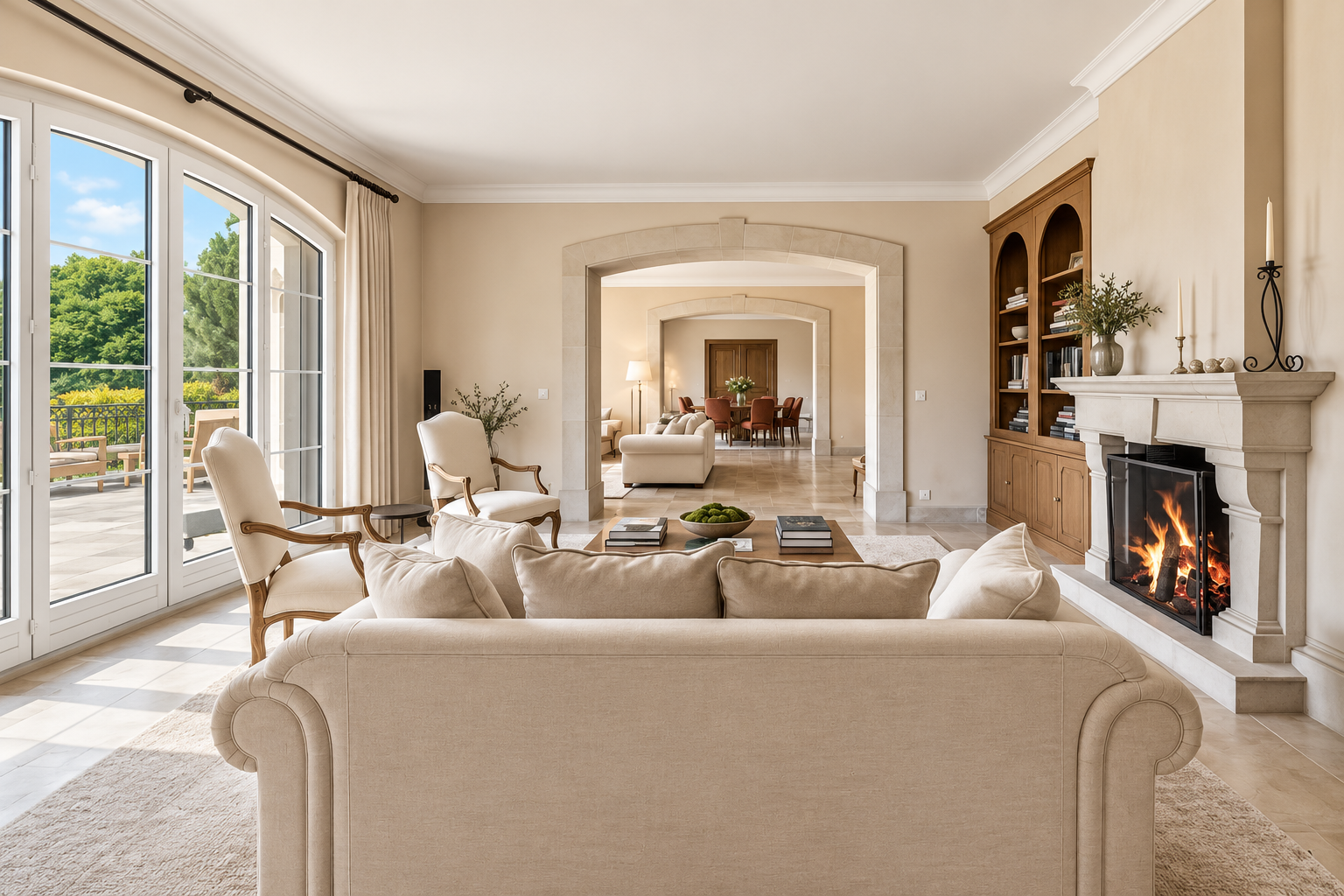 Exceptional private estate in Cologny Geneva — reception salon with open fireplace, arched doorways and elegant architectural detailing