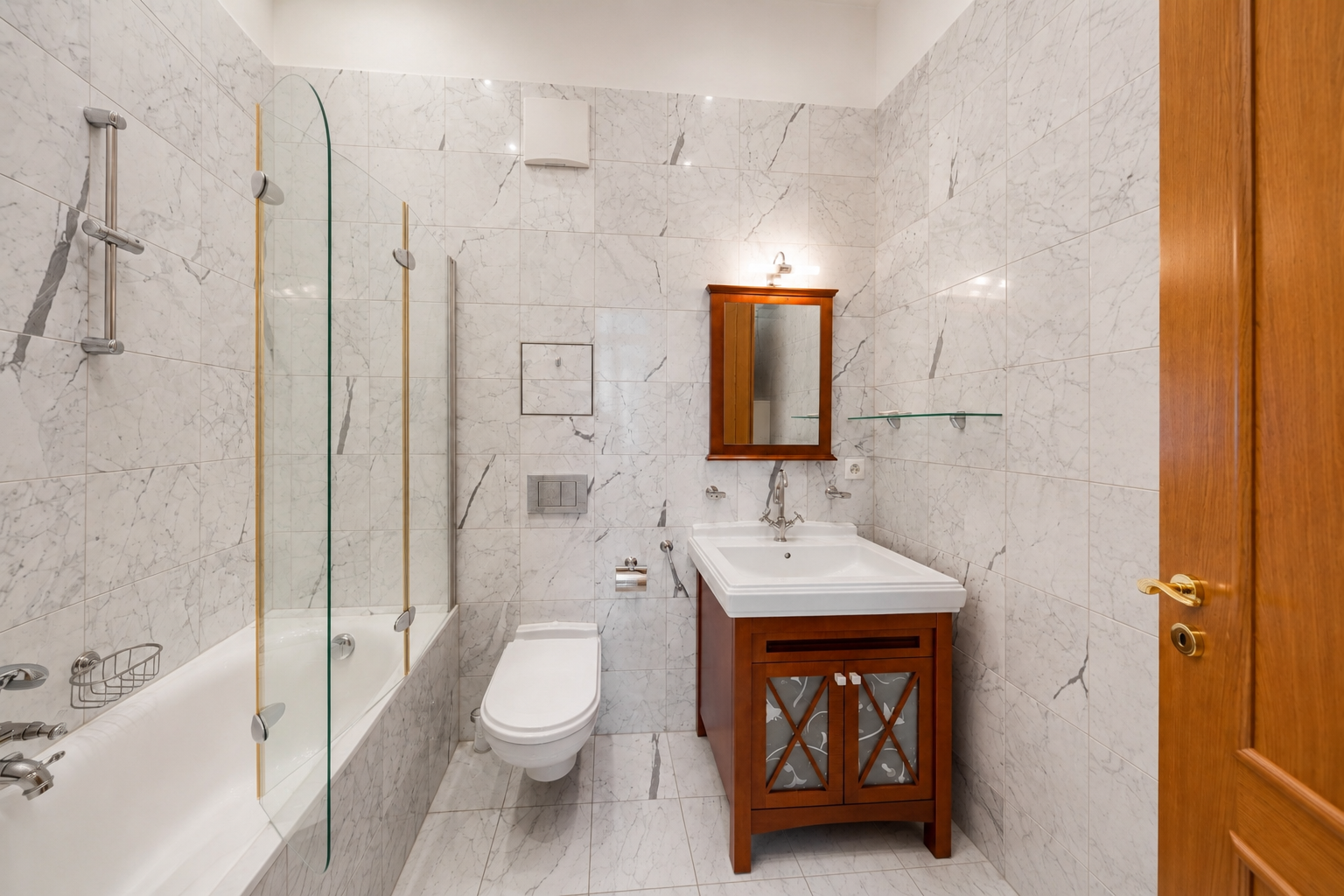 Le National Belle Époque residence Montreux — bathroom with high-quality marble finishes and elegant detailing