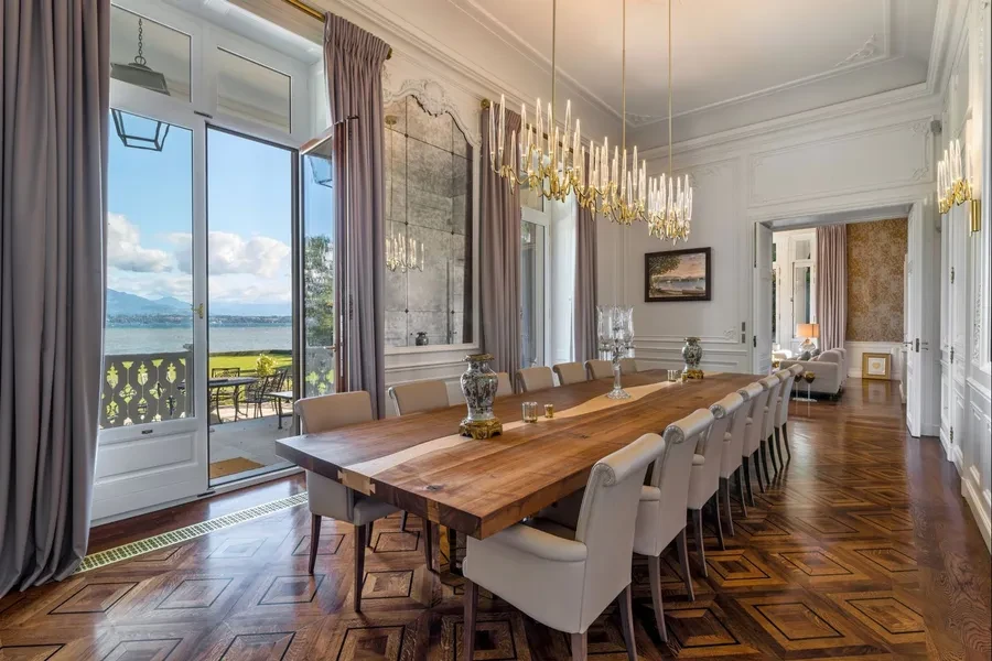 Grand dining room with chandelier and parquet floors
