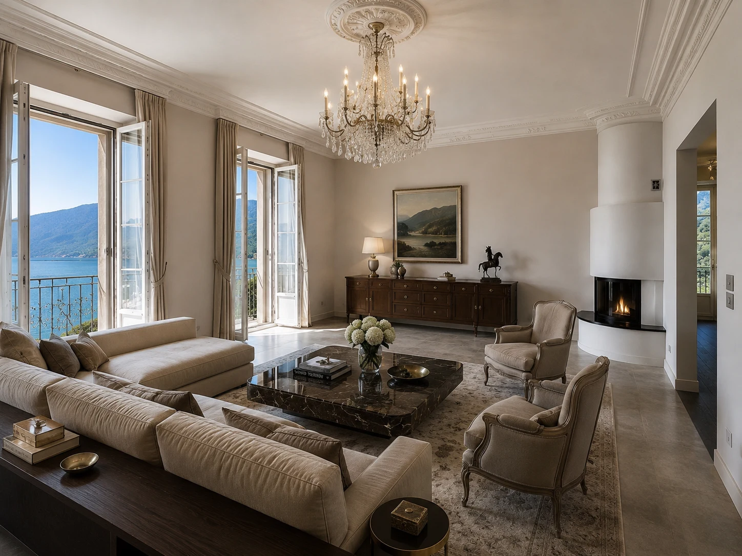 Elegant living room with lake view at Le National de Montreux