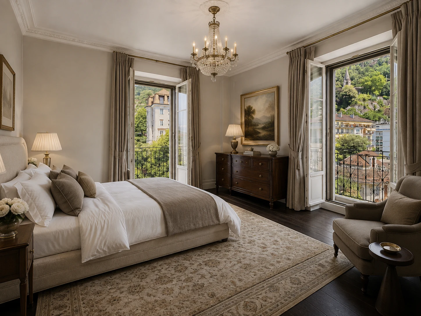 Principal bedroom with balcony views at Le National de Montreux