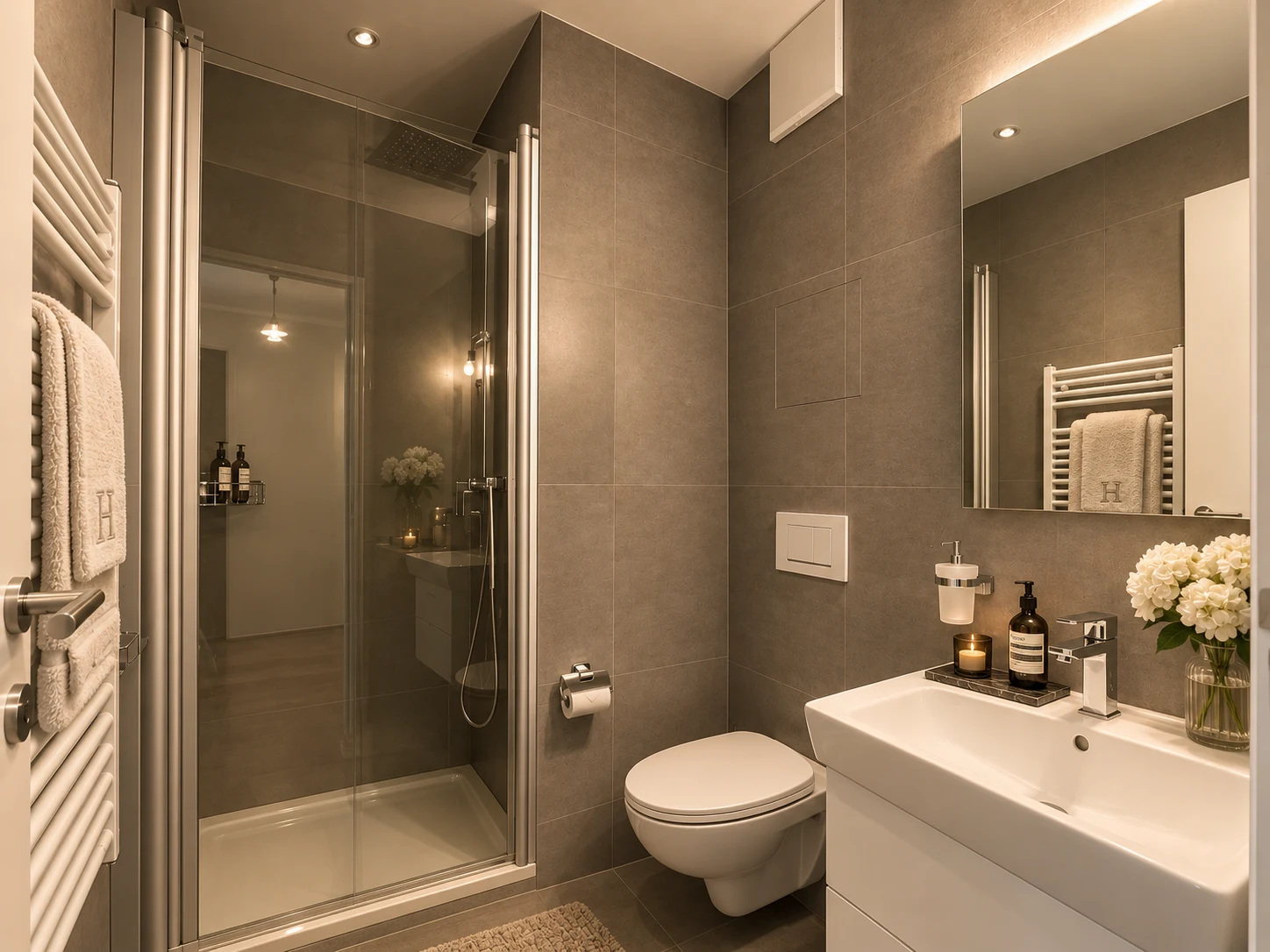 Luxury bathroom with premium finishes at Le National de Montreux