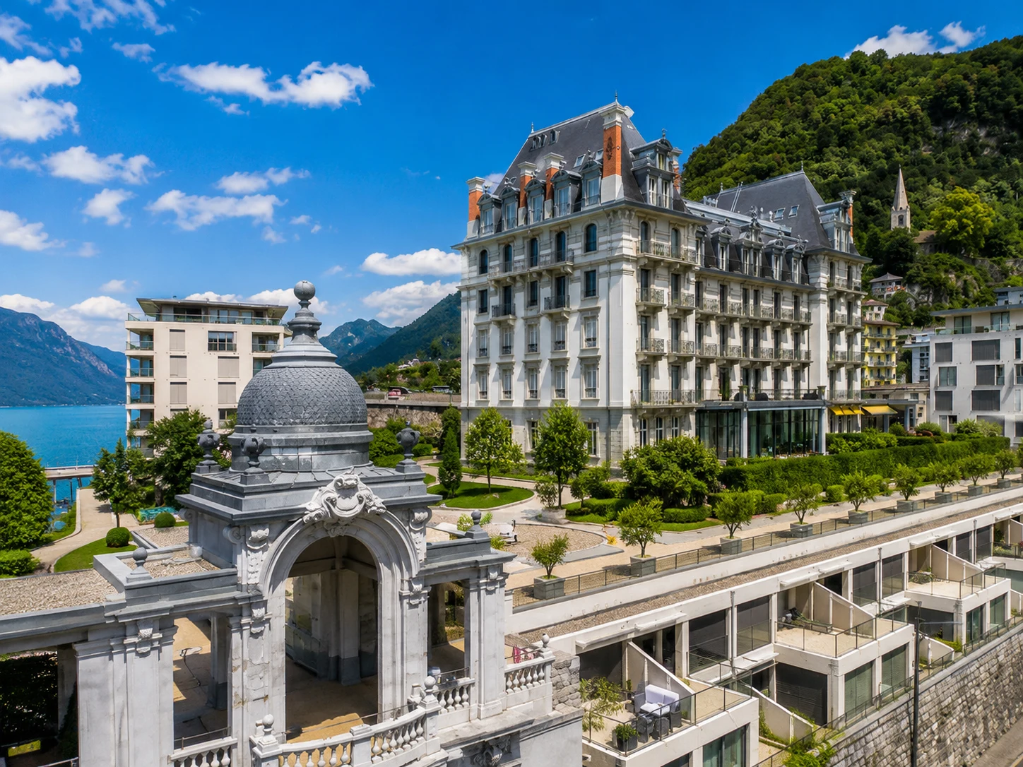 Historic exterior of Le National de Montreux on the Swiss Riviera