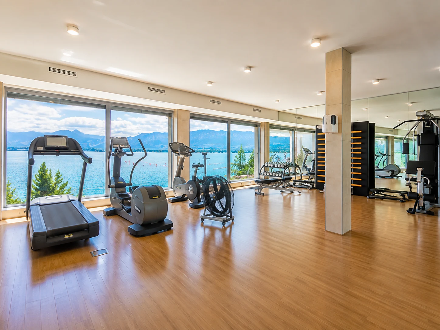 Private fitness suite with panoramic lake views at Le National de Montreux