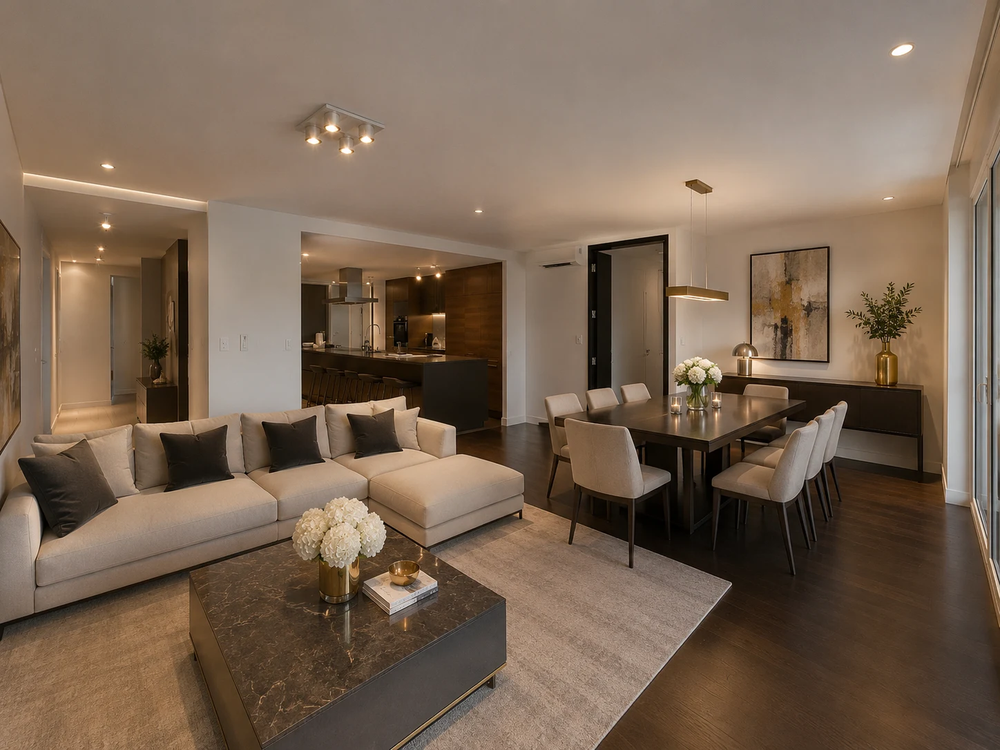 Séjour et salle à manger en open space avec cuisine contemporaine au Le National Montreux