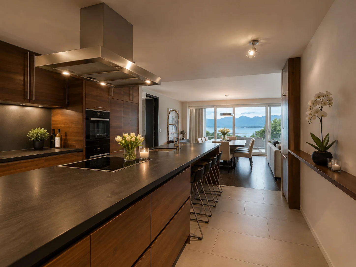 Cuisine contemporaine entièrement équipée avec vue sur le lac au Le National Montreux