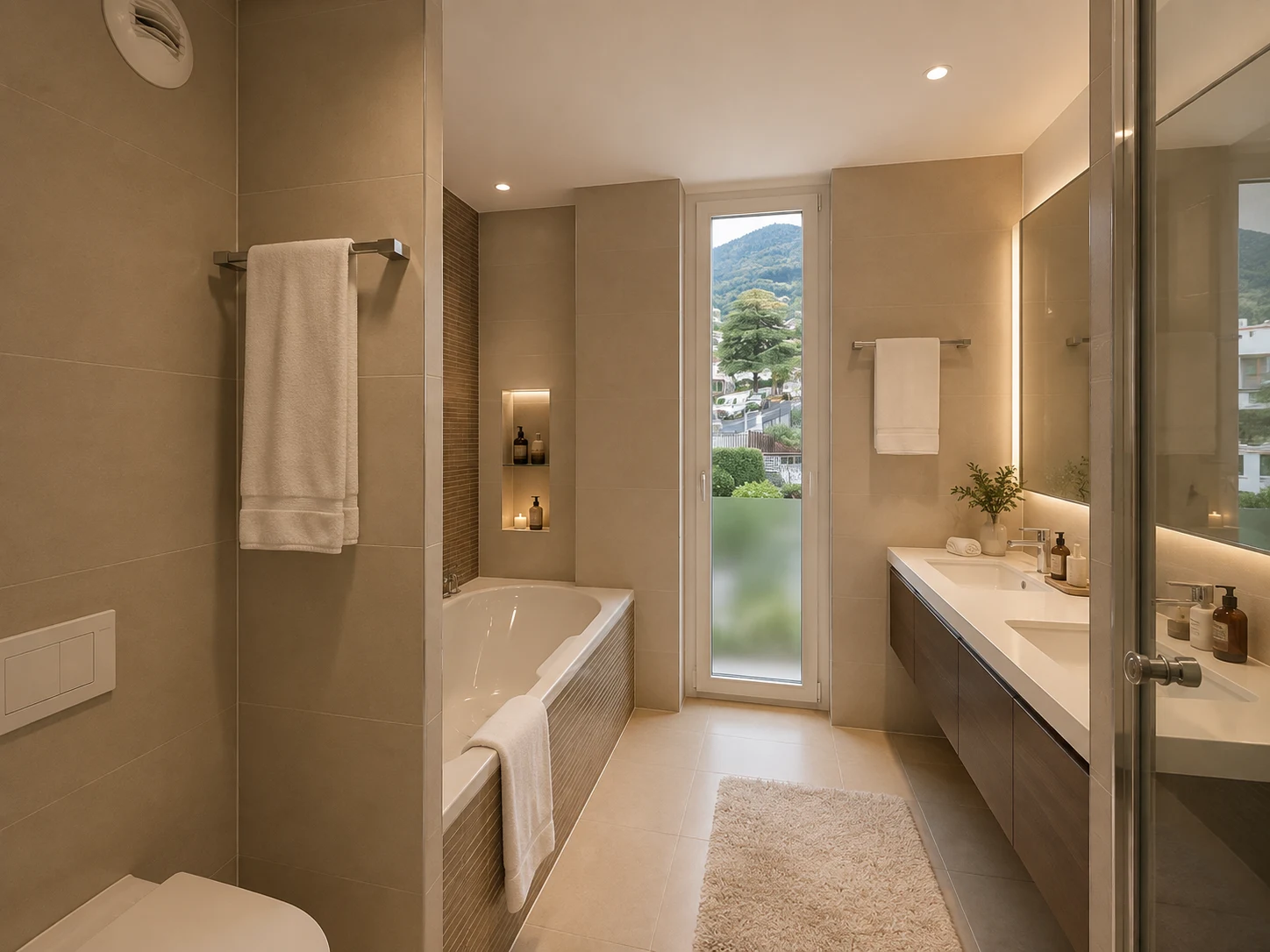 Salle de bain de luxe avec baignoire et vue sur les montagnes au Le National Montreux
