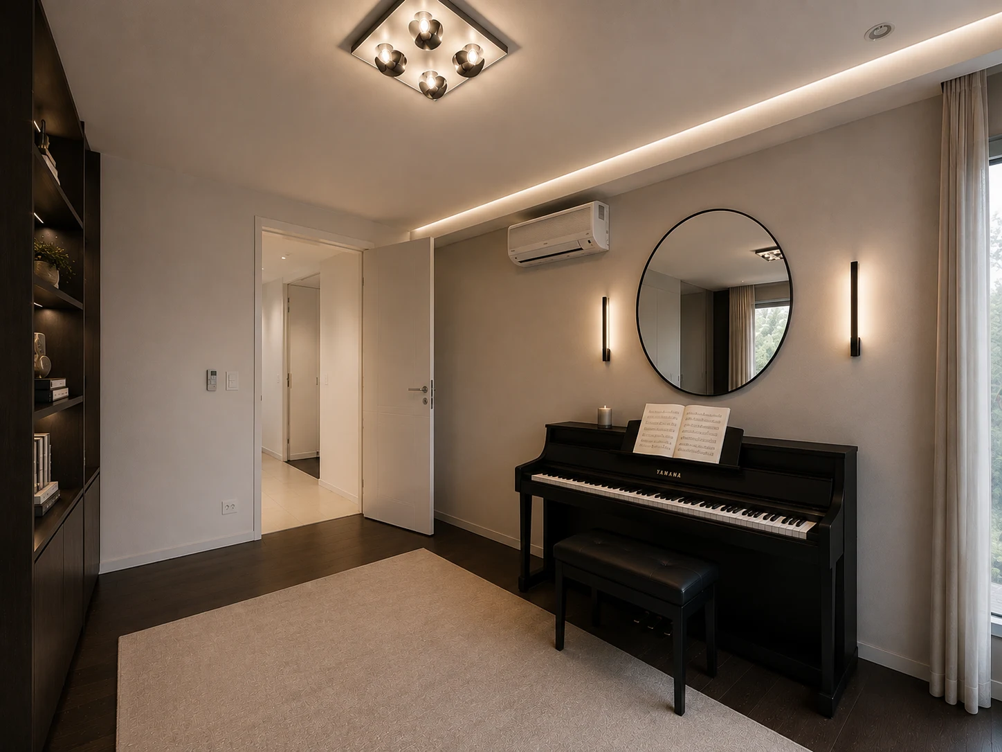 Salle de musique avec piano et bibliothèque intégrée au Le National Montreux