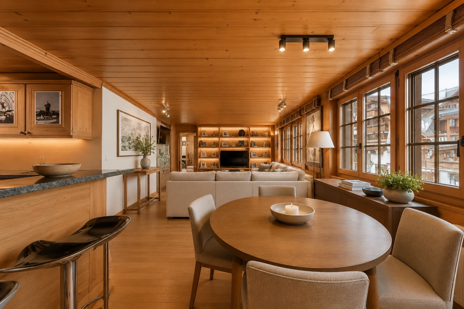 Espace séjour et salle à manger en open space avec cuisine dans un appartement au centre de Gstaad